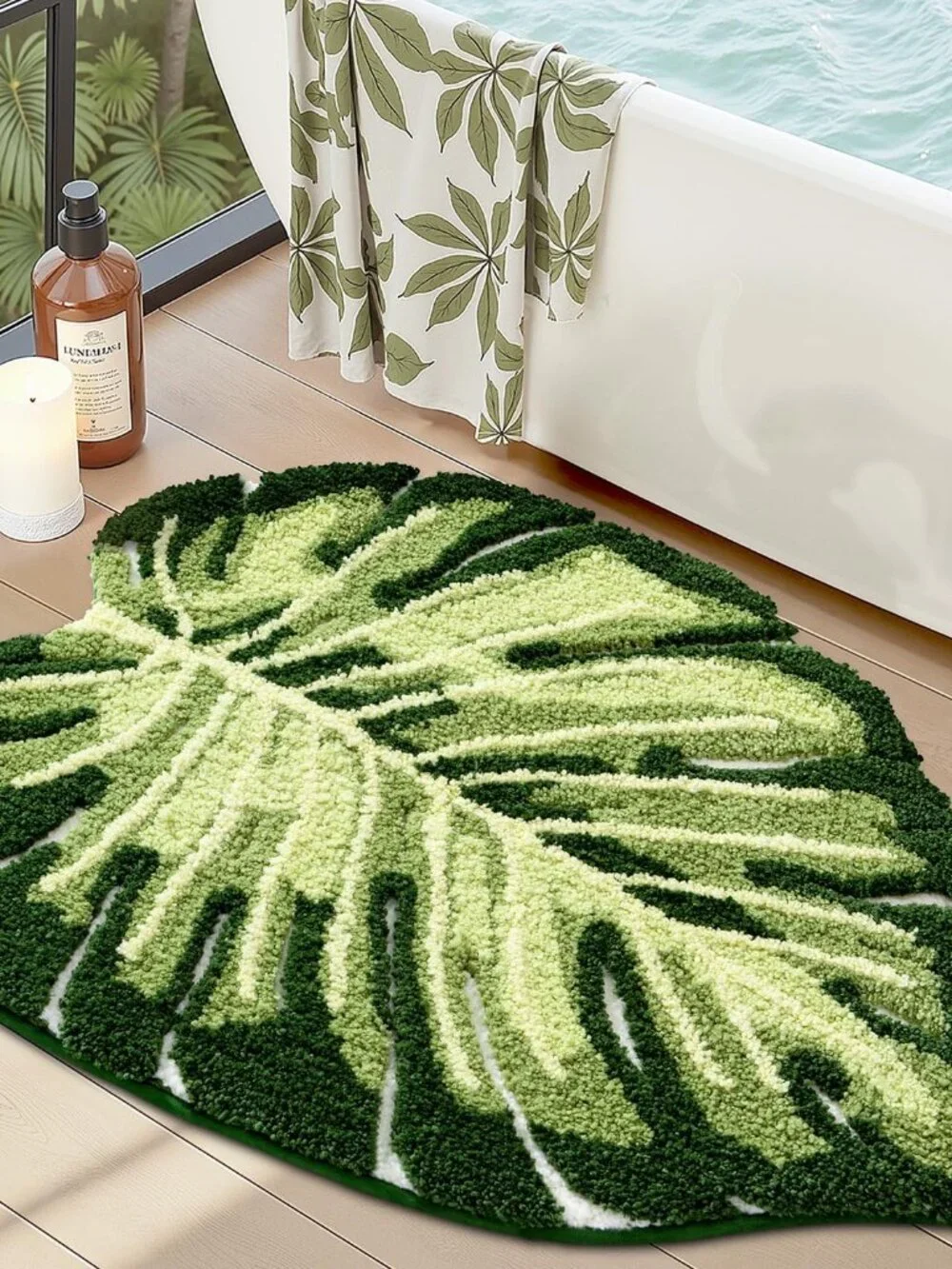 Cute Bathroom Rugs with Green Leaf Plant, Soft, Fluffy, Plush, Absorbent, Quick